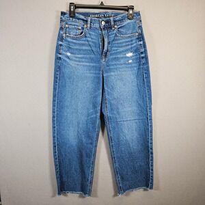 American Eagle High Waisted Mom Jeans Distressed Frayed Hem Denim Blue